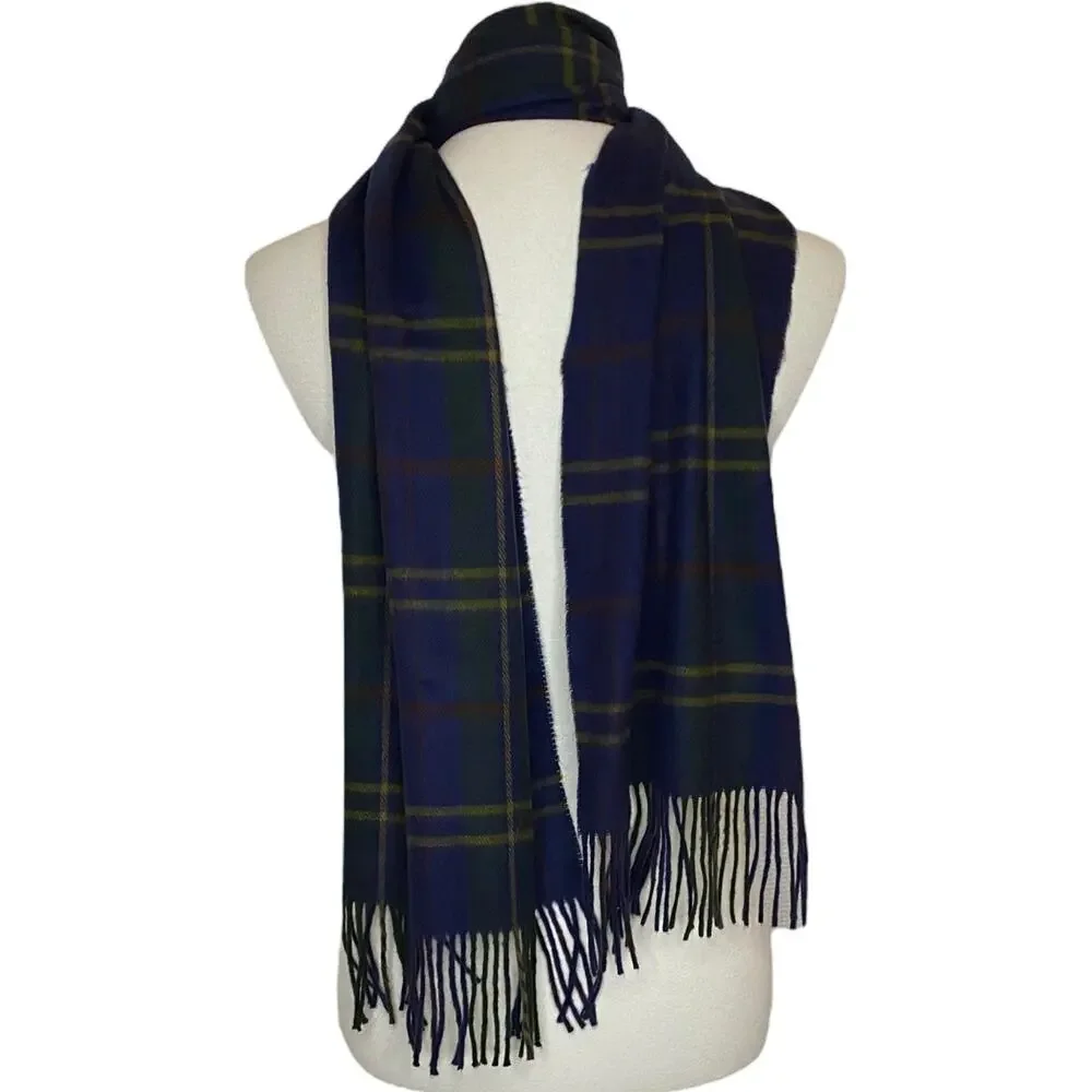 Geoffrey Beene Plaid Cashme 100% Acrylic Scarf Blue Fringe One Size Italy Unisex